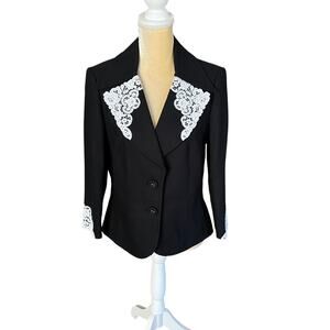 ESCADA Black Blazer Jacket with White Lace Trim Size US 40